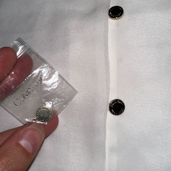 Calvin Klein | V Neck Button Down Short Cap Ruffle Sleeves Sheer Lined Blouse - Picture 8 of 11